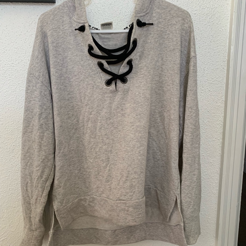 PINK Victoria's Secret Light Gray Lace-Up Hooded Sweatshirt with Black Ties